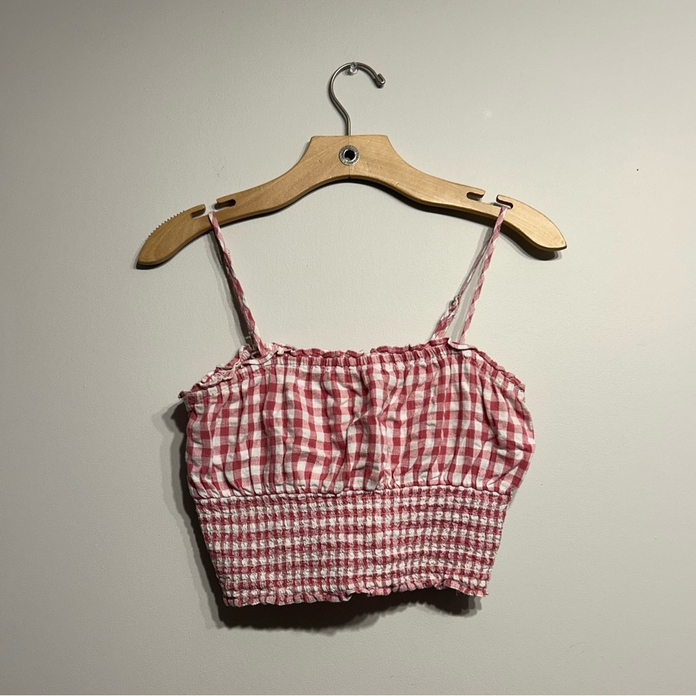 American Eagle Red Gingham Smocked Crop Top